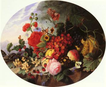 Virginie De Sartorius : Still Life With Fruit And Flowers On A Rocky Ledge